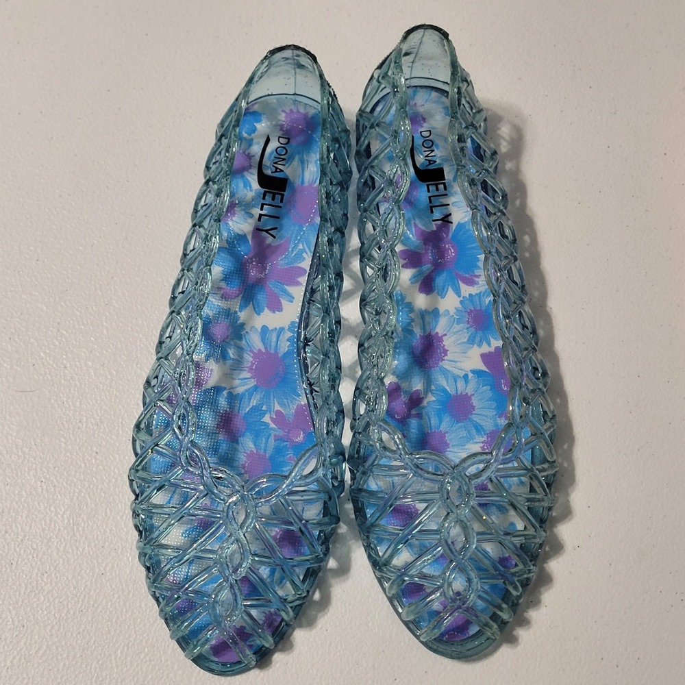 Dona Jelly Kids Glitter Ballet Flats Blue Pink Floral Size 37/6 Peep Toe 2 Pair - Picture 6 of 9